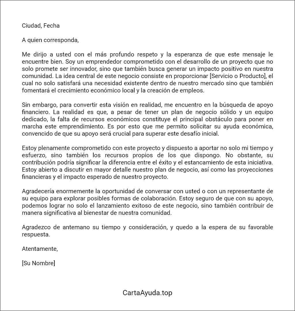 modelo de carta de solicitud de ayuda económica para iniciar un negocio
