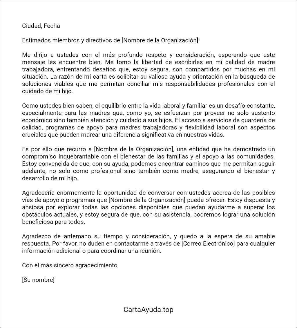 formato recomendado para una carta para solicitar ayuda para una madre trabajadora 