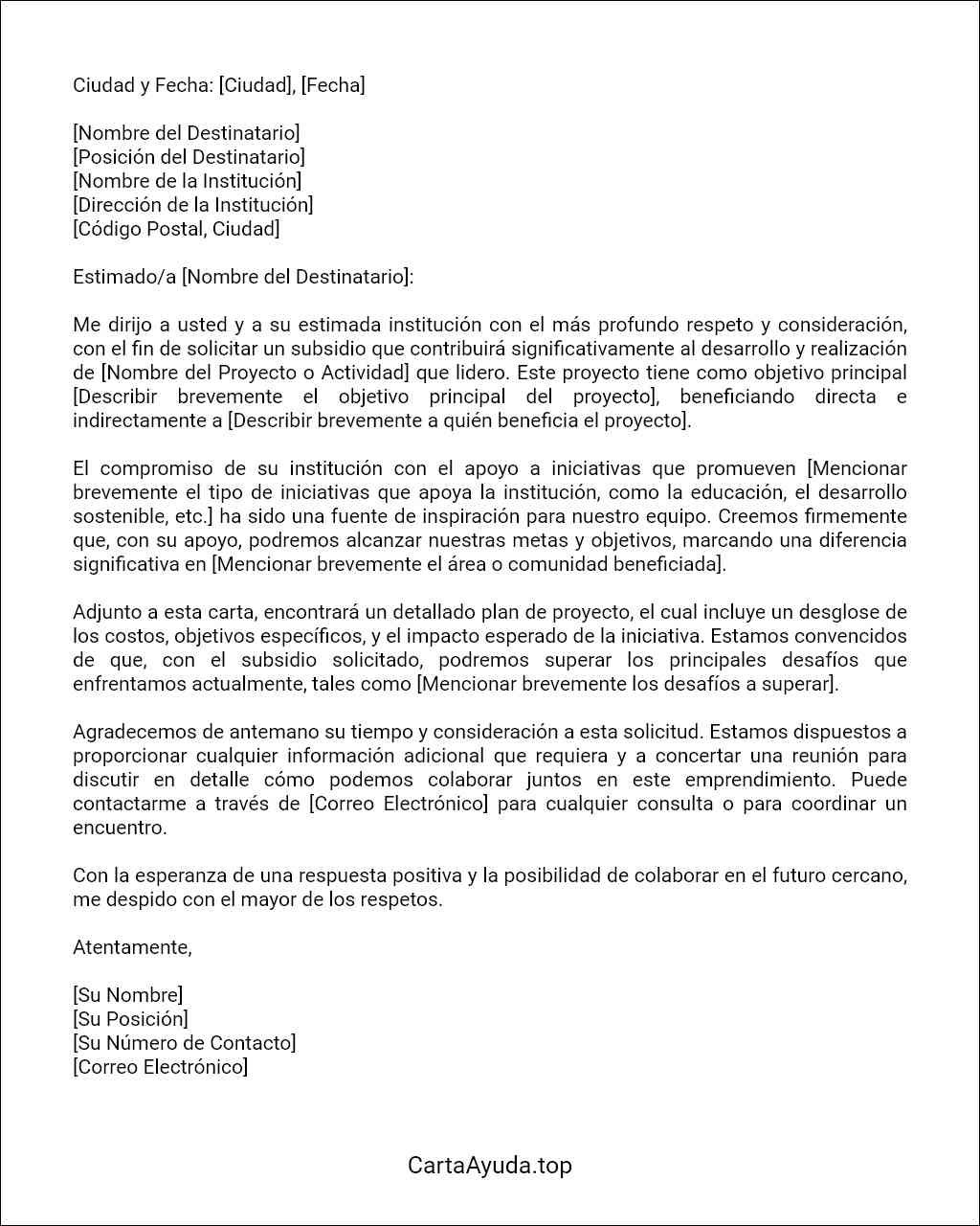 modelo de carta para solicitar subsidio