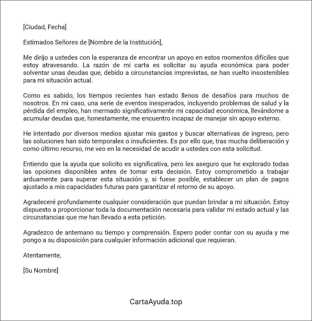 carta de solicitud de ayuda económica para pagar deudas formato