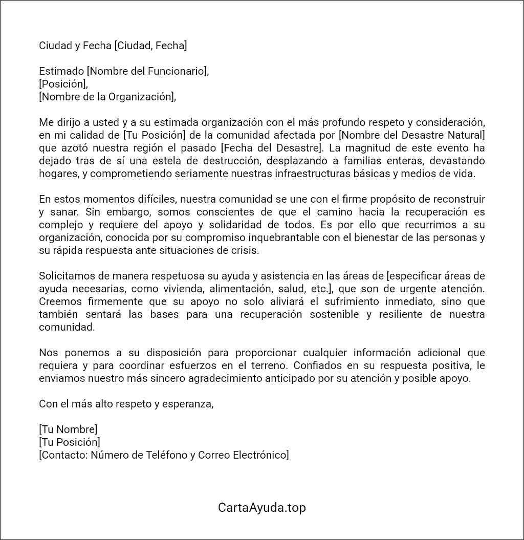 plantilla de carta de solicitud de ayuda para víctimas de desastres naturales