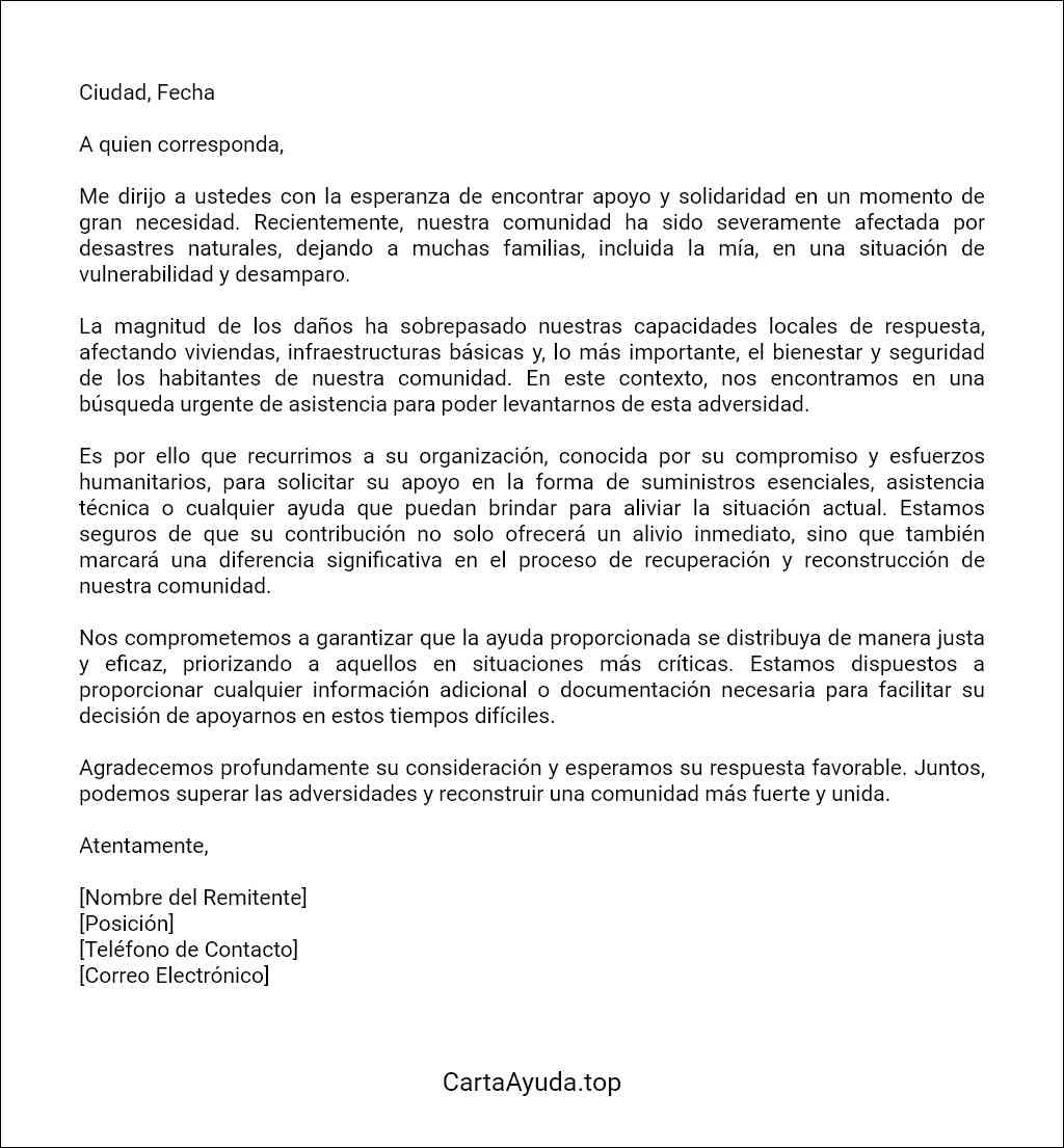 carta de solicitud de ayuda para víctimas de desastres naturales formato