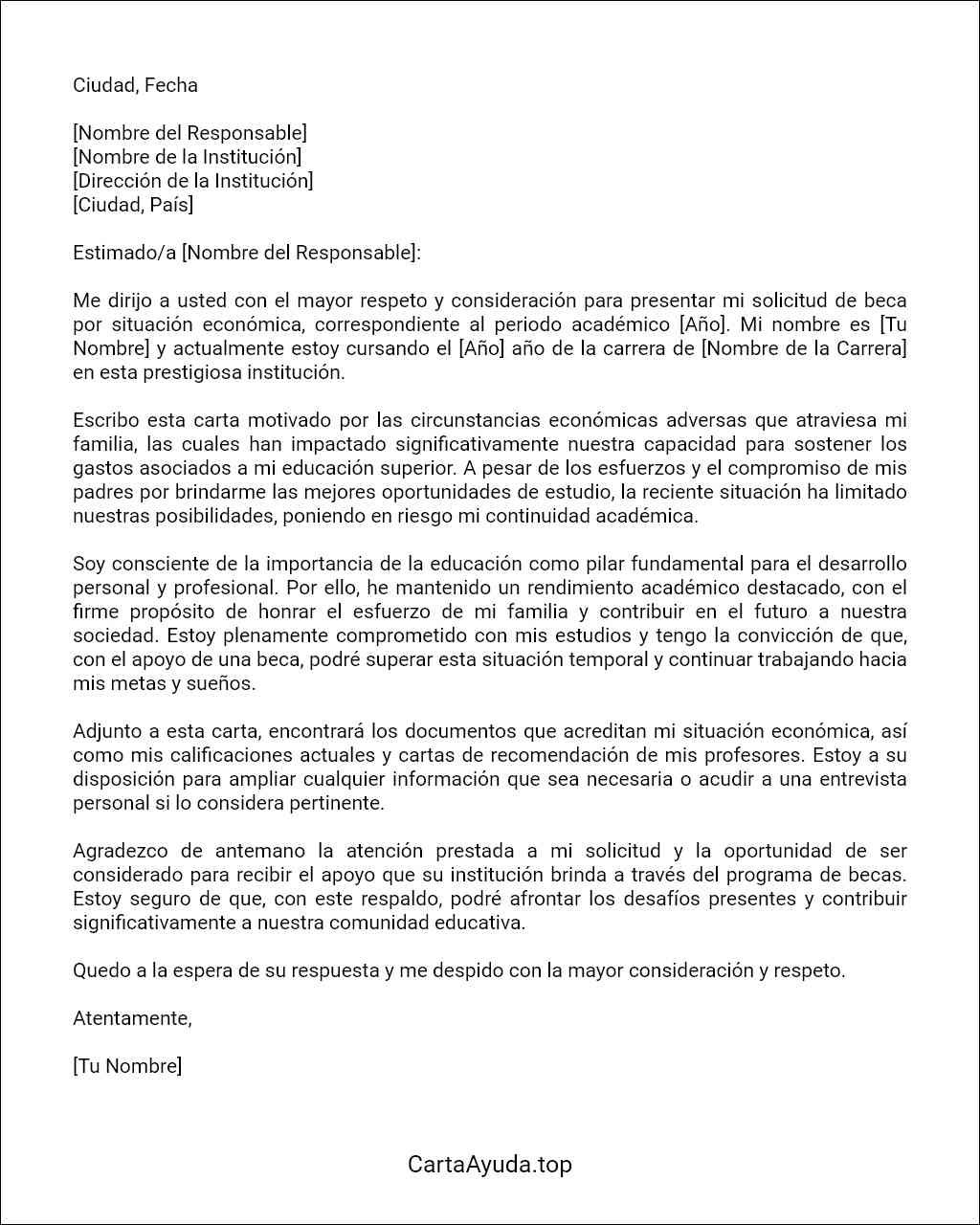 formato de carta de solicitud de beca por situación económica