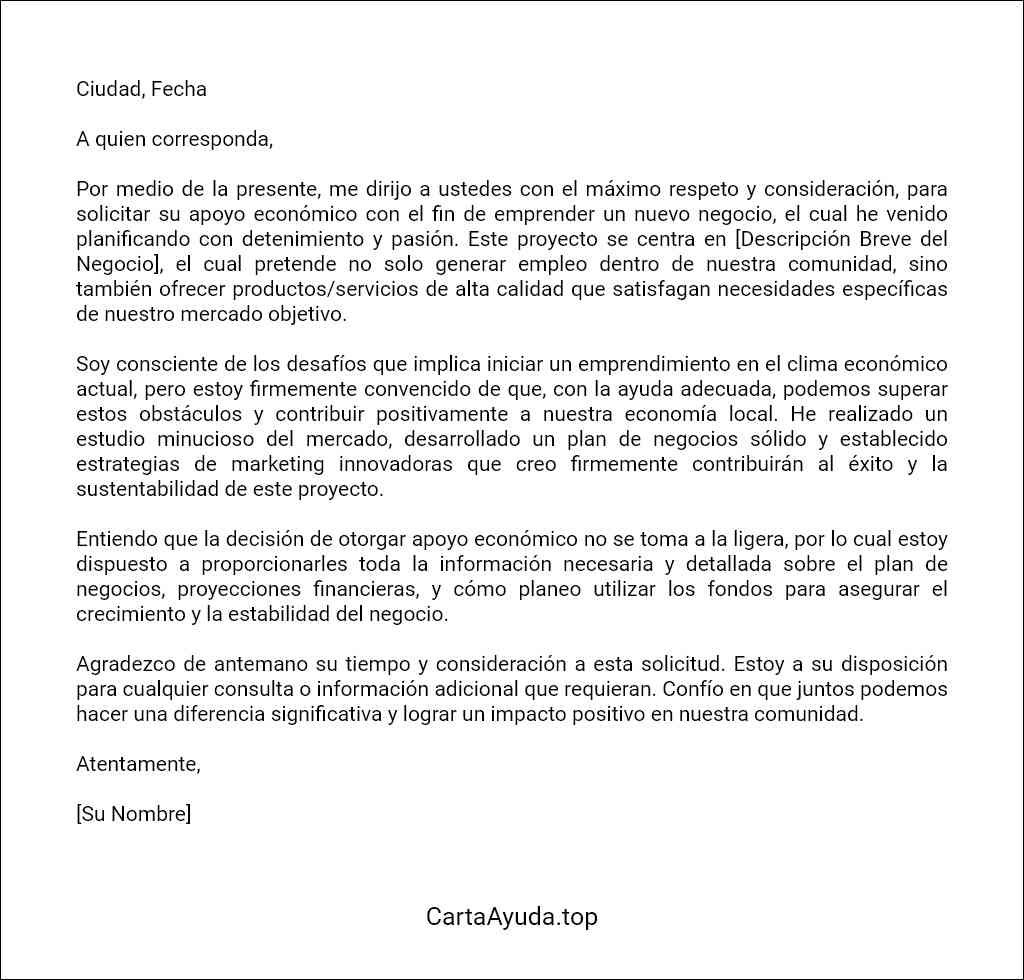 carta de solicitud de ayuda económica para iniciar un negocio modelo