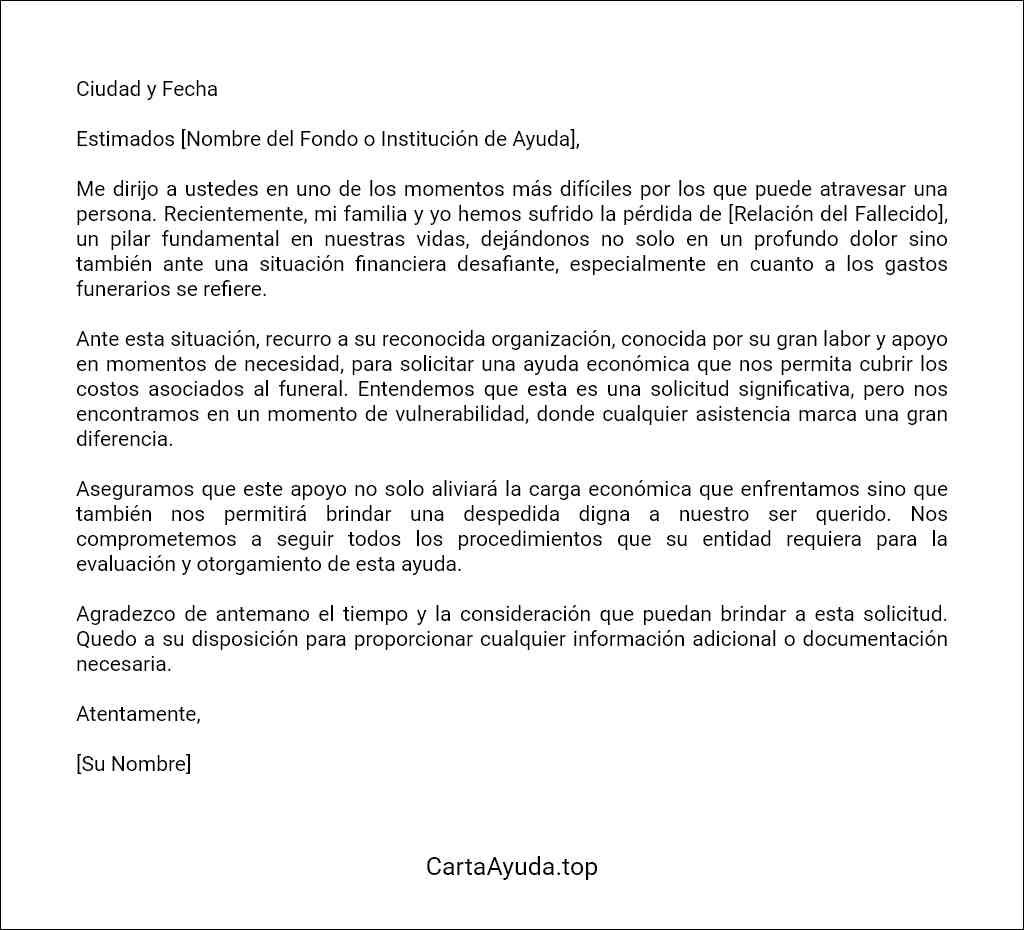 carta para solicitar ayuda para gastos funerarios plantilla