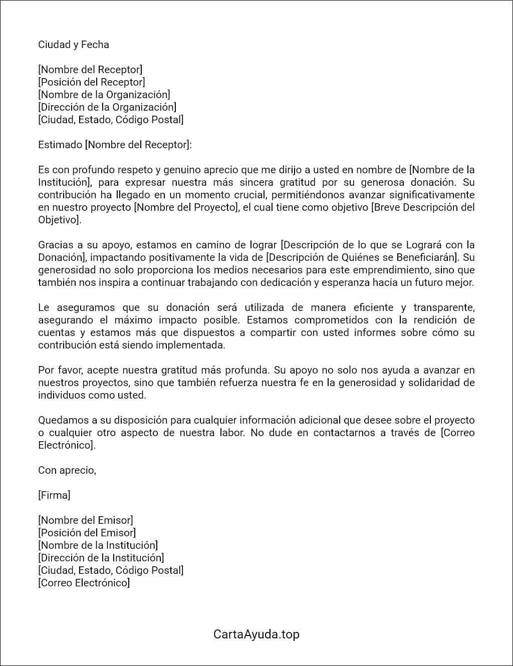carta de agradecimiento por donación plantilla