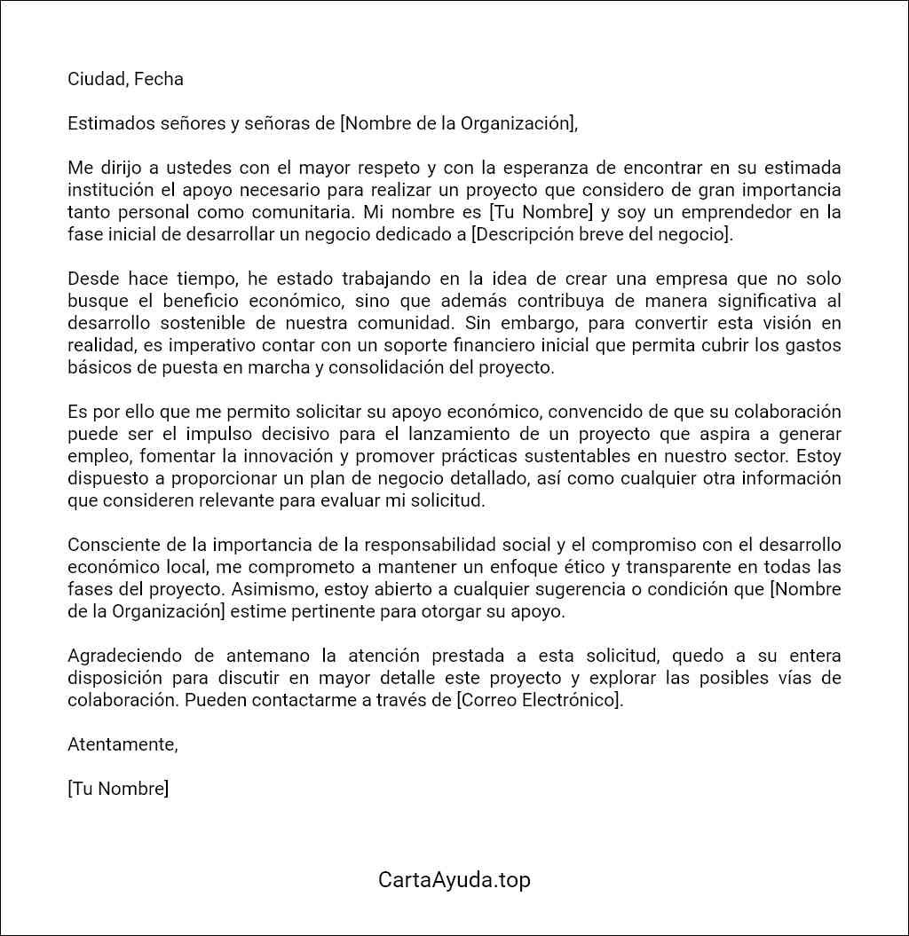 plantilla de carta de solicitud de ayuda económica para iniciar un negocio