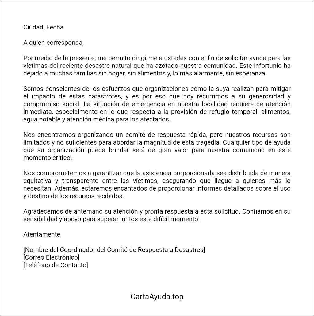 carta de solicitud de ayuda para víctimas de desastres naturales ejemplo