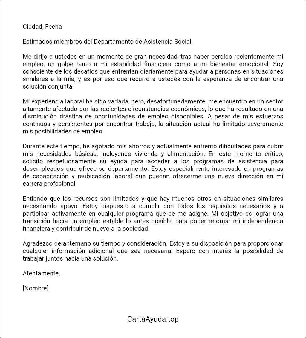 carta para pedir ayuda por desempleo modelo