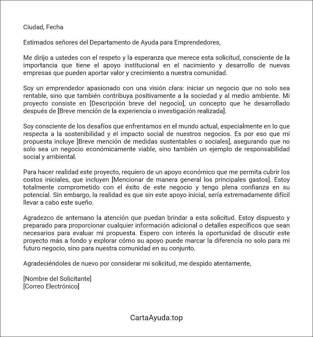 formato recomendado para una carta de solicitud de ayuda económica para iniciar un negocio
